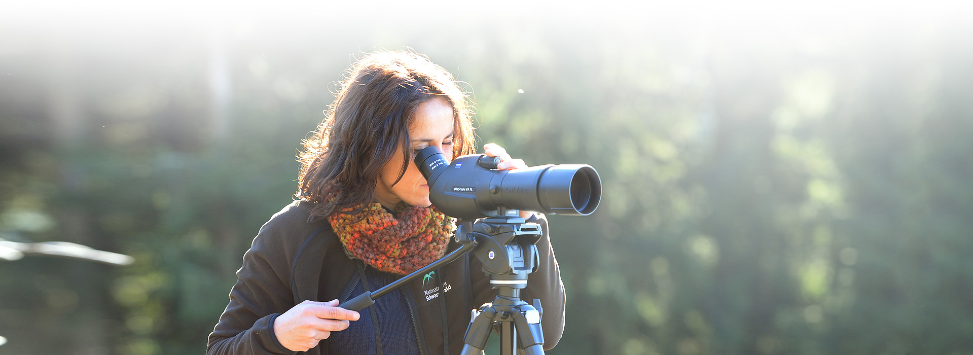 Eine Frau schaut konzentriert durch ein Teleskop, welches auf einem Stativ befestigt ist. 