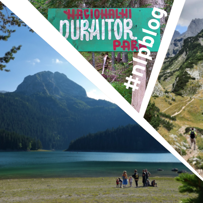Kollage mit drei Bilder: türkis-blauer See, Eingangsschild Dumitor Nationalpark und Wanderin in Bergpanorama