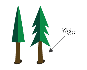 Digitale Zeichnung von zwei Fichten, von links fliegt ein Schwarm Borkenkäfer die Bäume an. 