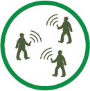 Drei Personen laufen herrum, sie tragen alle ein Gerät in der Hand welches Signale aussendet. Diese sind durch Bögen dargestellt. 