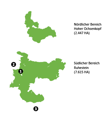 Eine einfache Karte des Nationalparks Schwarzwalds. Es ist nur die Form der Fläche abgebildet, die zweiteilung des Parks in Nord- und Südteil ist ersichtlich.