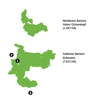 Der Nationalpark Schwarzwald ©Nationalpark Schwarzwald Eine einfache Karte des Nationalparks Schwarzwalds. Es ist nur die Form der Fläche abgebildet, die zweiteilung des Parks in Nord- und Südteil ist ersichtlich.