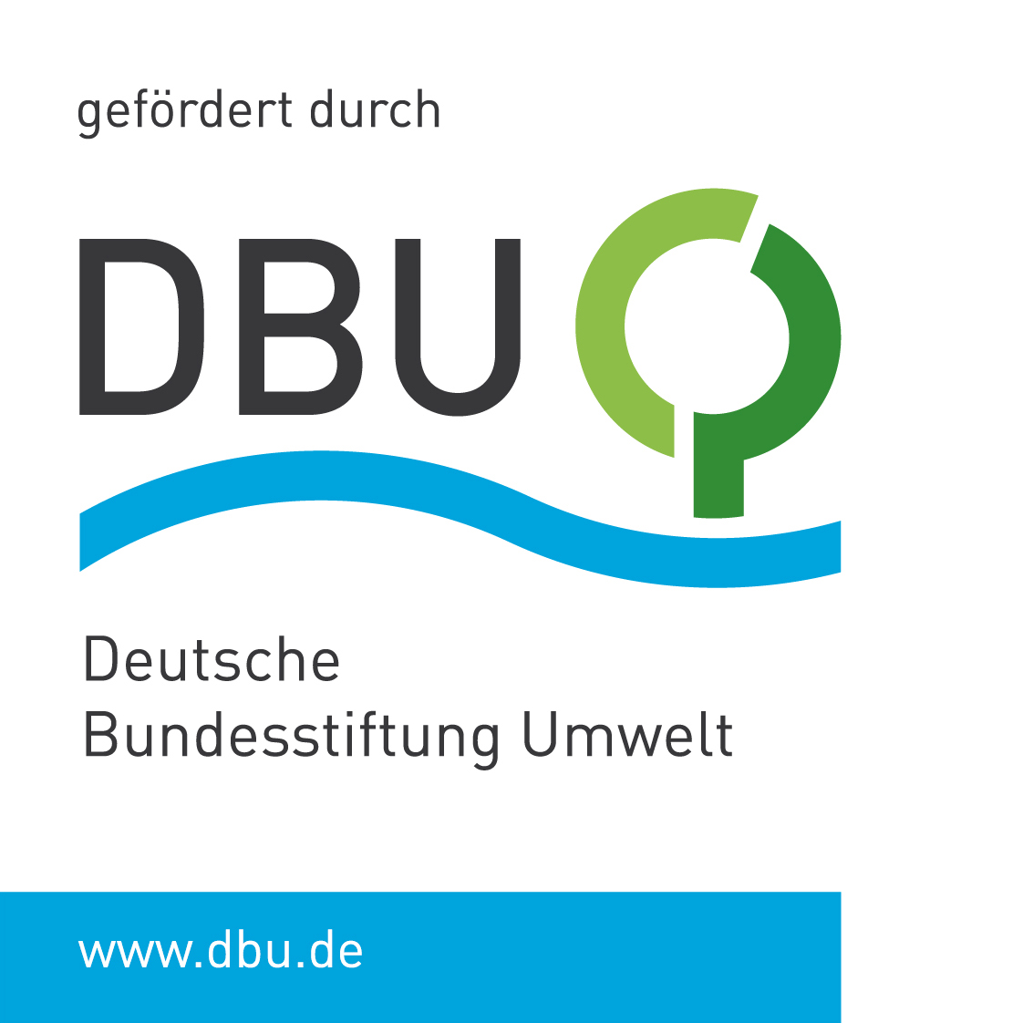 Der Text „gefördert durch“ gefolgt von dem Logo der DBU und dem Schriftzug „Deutsche Bundesstiftung Umwelt“. Darunter steht in einem blauen Kasten die Adresse der Website der DBU : www.dbu.de.