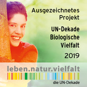 Logo der UN-Dekade Biologische Vielfalt. Neben der Aufschrift "Ausgezeichnetes Projekt UN-Dekade Biologische Vielfalt 2019"ist eine Frau, die hinter einem Baum hervorschaut abgebildet. In einem Banner am unteren Bildrand steht "leben.natur.vielfalt" und kleiner darunter "die UN-Dekade".