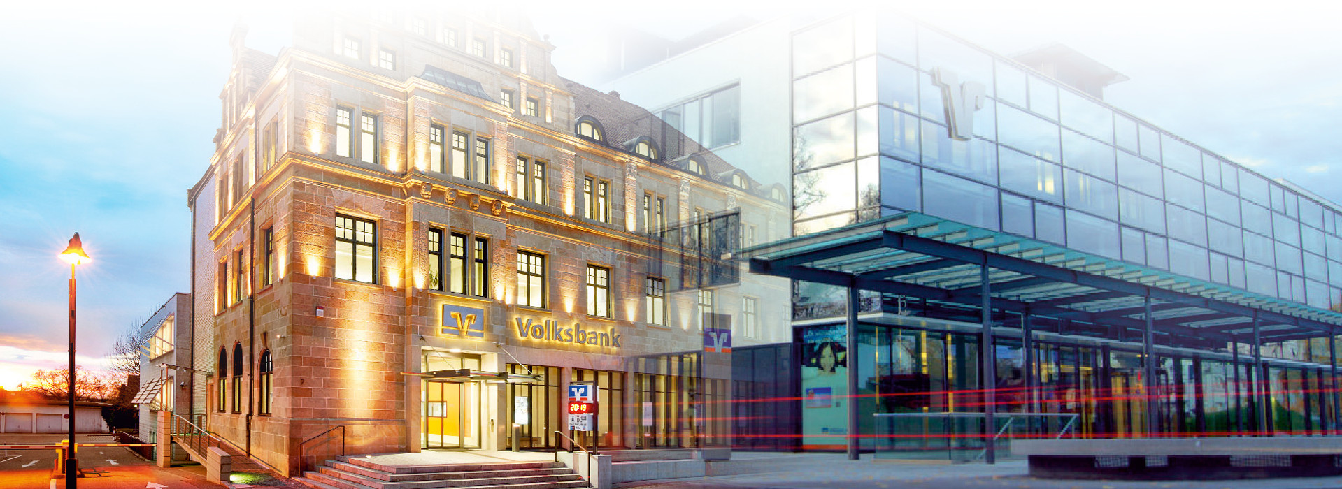 Bildmontage der beiden Hauptsitze von "Volksbank eG - Die Gestalterbank" in Offenburg (links) und Villingen (rechts). Dir ursprünglichen Bilder gehen in der Bildmitte ineinander über.