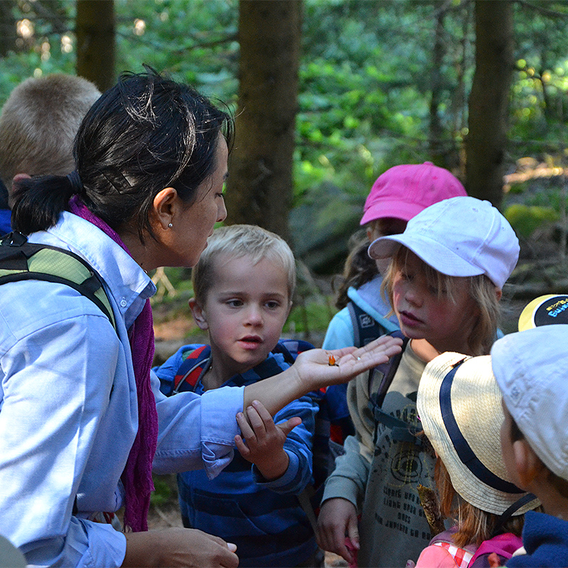 Eine Frau zeigt einer Gruppe Kindergartenkinder etwas auf ihrer Handfläche.