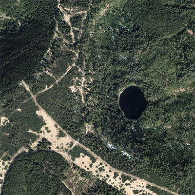 Luftbild vom Wilden See, zu erkennen ist die runde Form des Sees und der Wald um ihn herum.