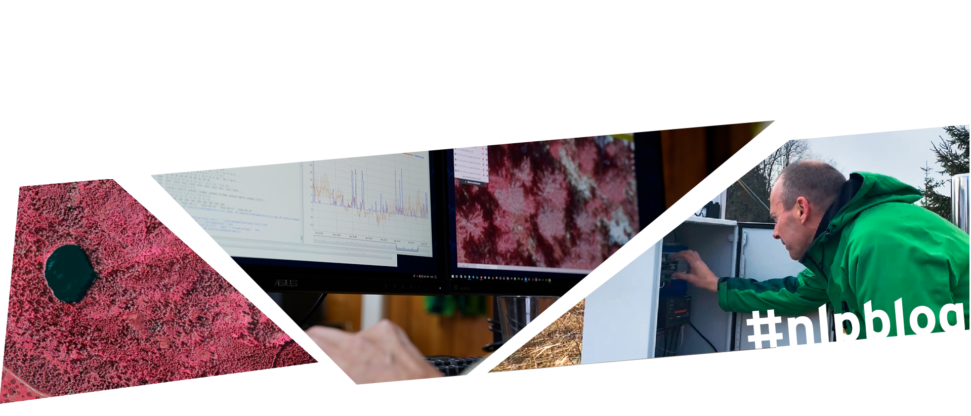 Bildcollage aus drei Bildern: Links: Rot eingefärbte Luftaufnahmen des Nationalparkgebiets. Mitte: Nahaufnahme zweier Bildschirme, sie zeigen Messdaten. Rechts: Ein Mann in grüner Jacke blickt in einen grauen Kasten, in dem elektronische Messgeräte angebracht sind.