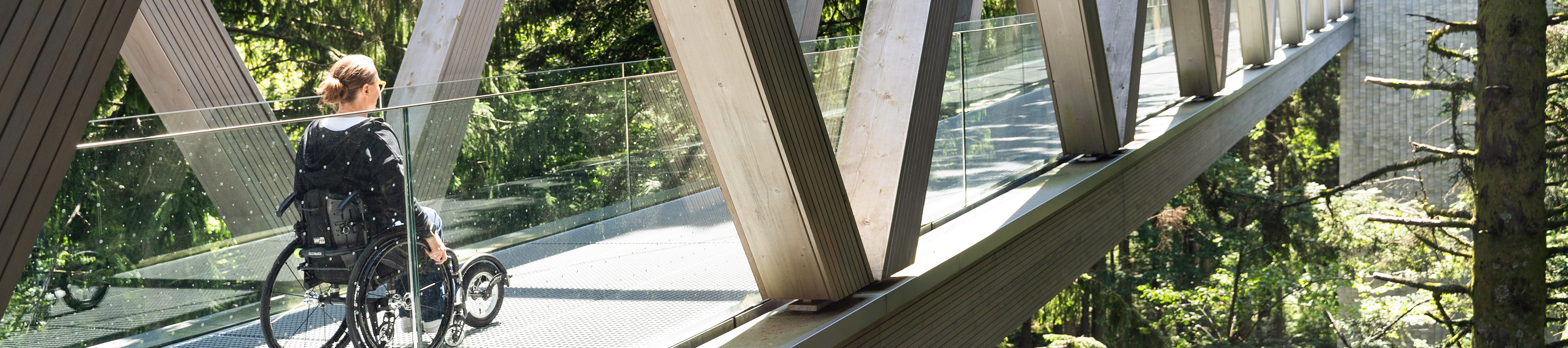 Frau fährt mit dem Rollstuhl über die Brücke der Wildnis im Nationalparkzentrum