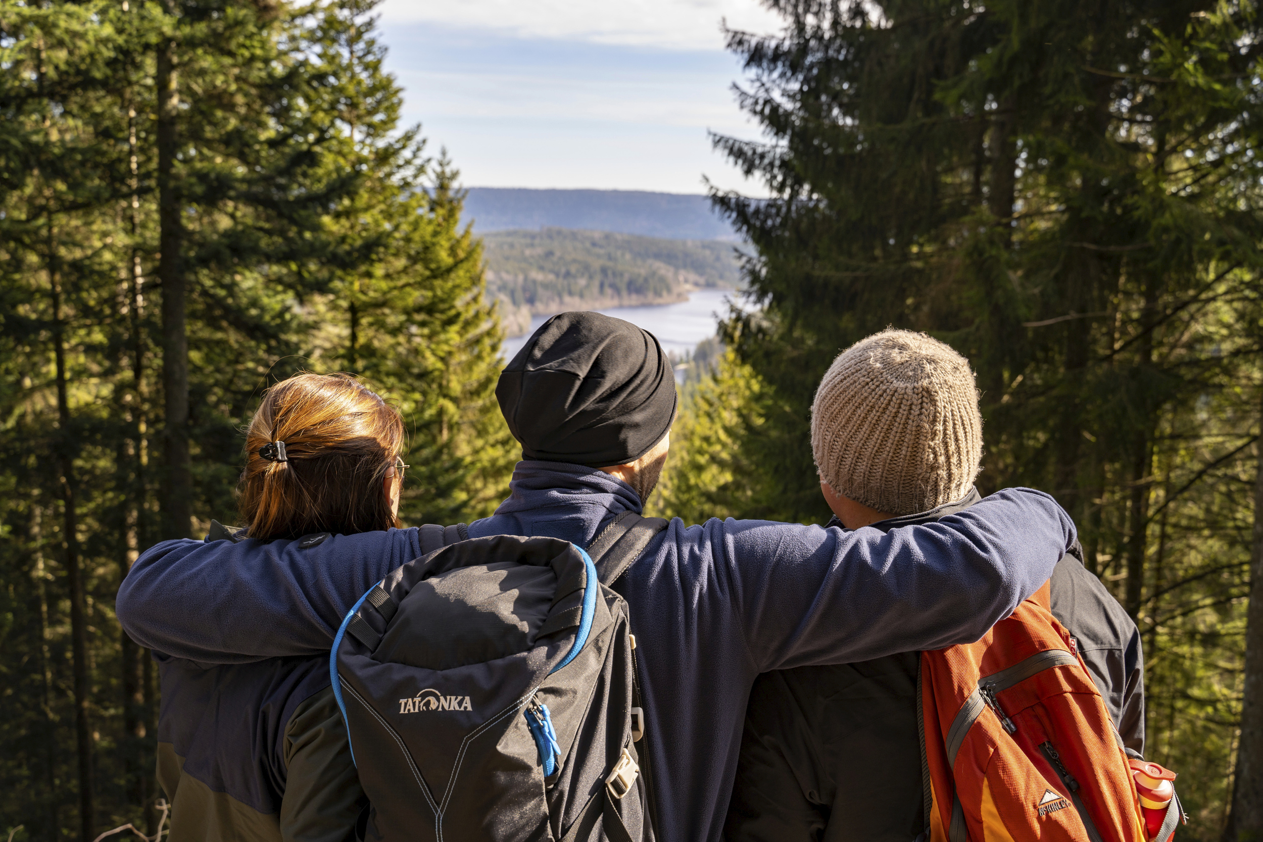 Drei Wanderer mit Rucksäcken, warmen Jacken und Wollmützen schauen zwischen Nadelbäumen hindurch von der sonnenbeschienenen Höhe ins neblige Tal hinunter. Die Menschen sieht man nur von hinten. 