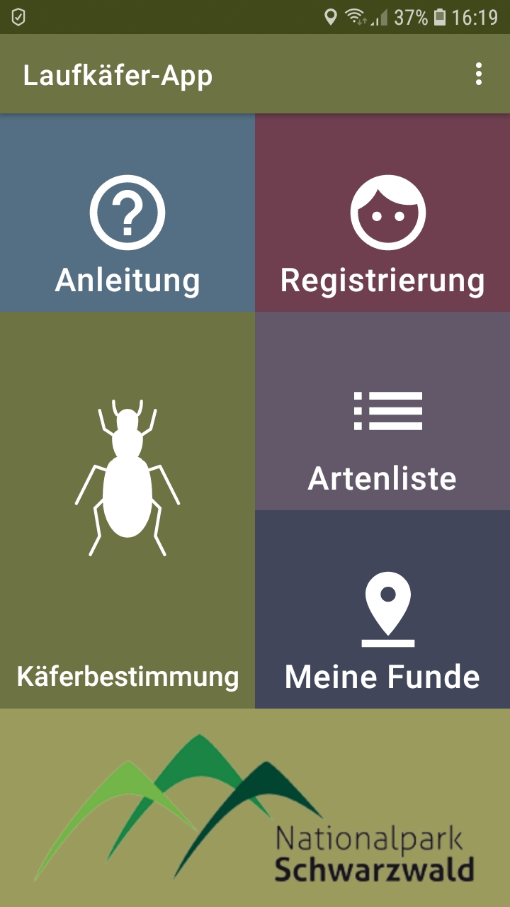 Screenshot eines Smartphone-Bildschirms, auf der die Laufkäfer-App geöffnet ist.
