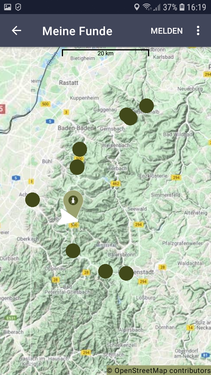 Screenshot eines Smartphone-Bildschirms, auf der die Laufkäfer-App geöffnet ist.