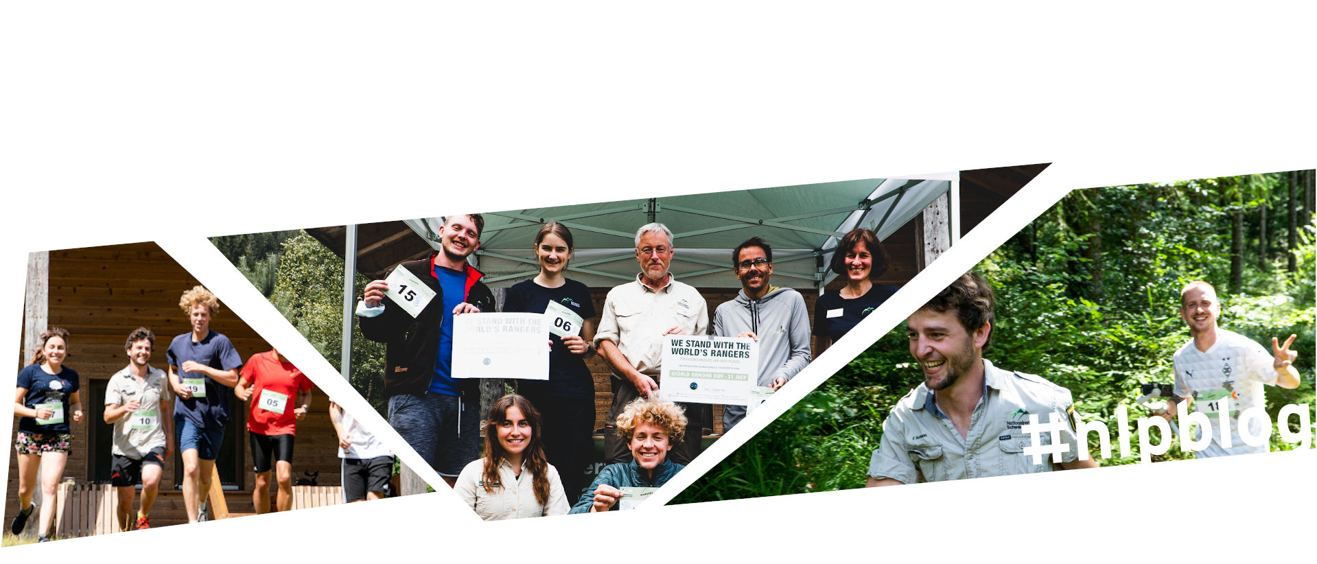 Bildercollage aus drei Fotografien. Links sind sportlich und kurz gekleidete Läufer zu sehen, mit Nummernschildern auf dem T-Shirt vor einer Holzhütte, die offenbar gut gelaunt sind. Rechts sieht man einen Läufer nun auf einem Waldpfad, der von Licht und Schatten gesprenkelt ist. Der Läufer macht das Victory Zeichen und grinst in die Kamera. In der Mitte sieht man ein Gruppenbild mit zehn Läufern unter einem Pavillonzelt, die eine Urkunde in die Kamera halten. Die Aufschrift ist nicht zu entziffern.