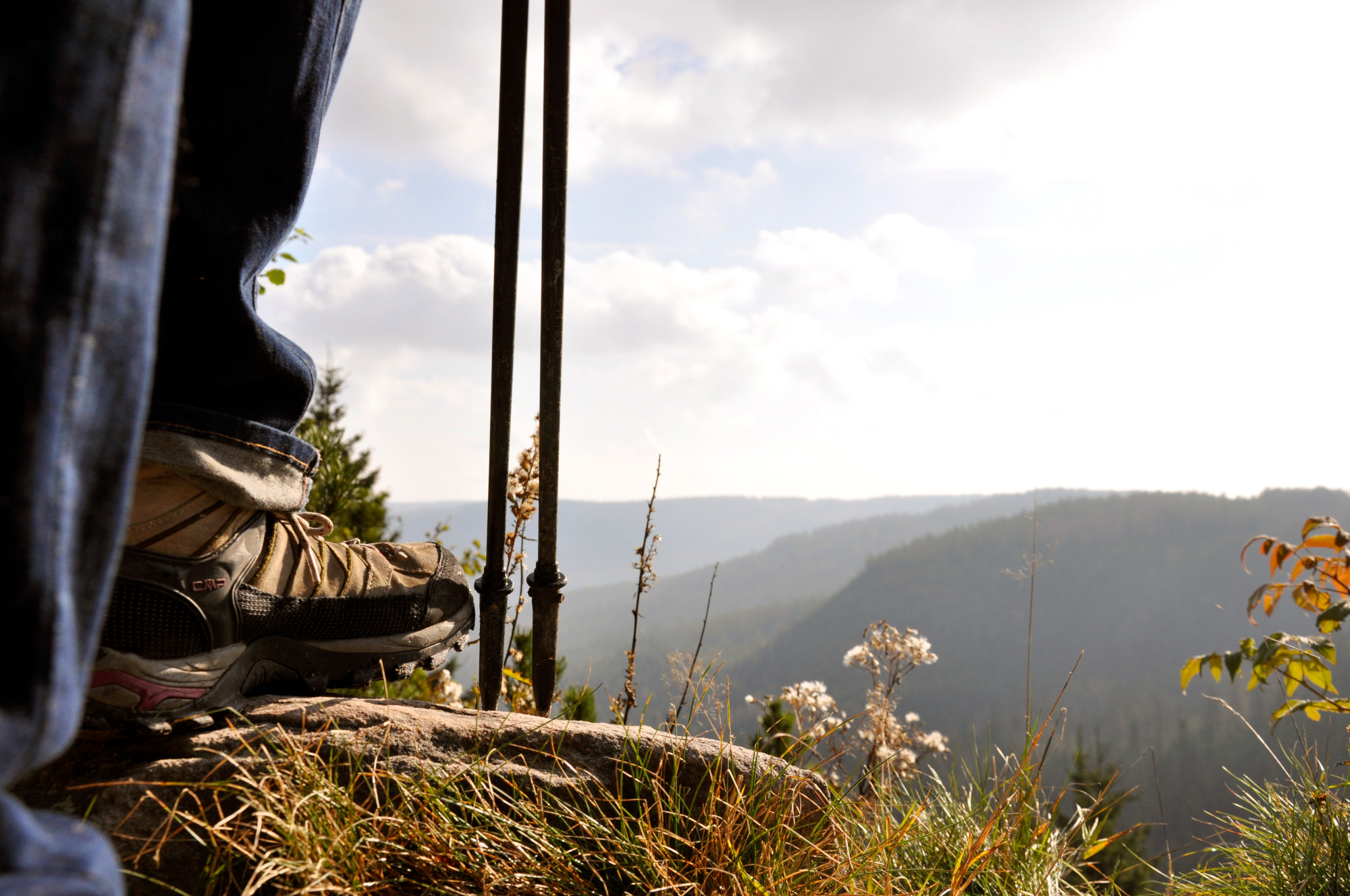 Wanderschuh und die Spitzen von Wanderstöcken im Vordergrund, im Hintergrund ein sonnenbeschienener Waldkessel.