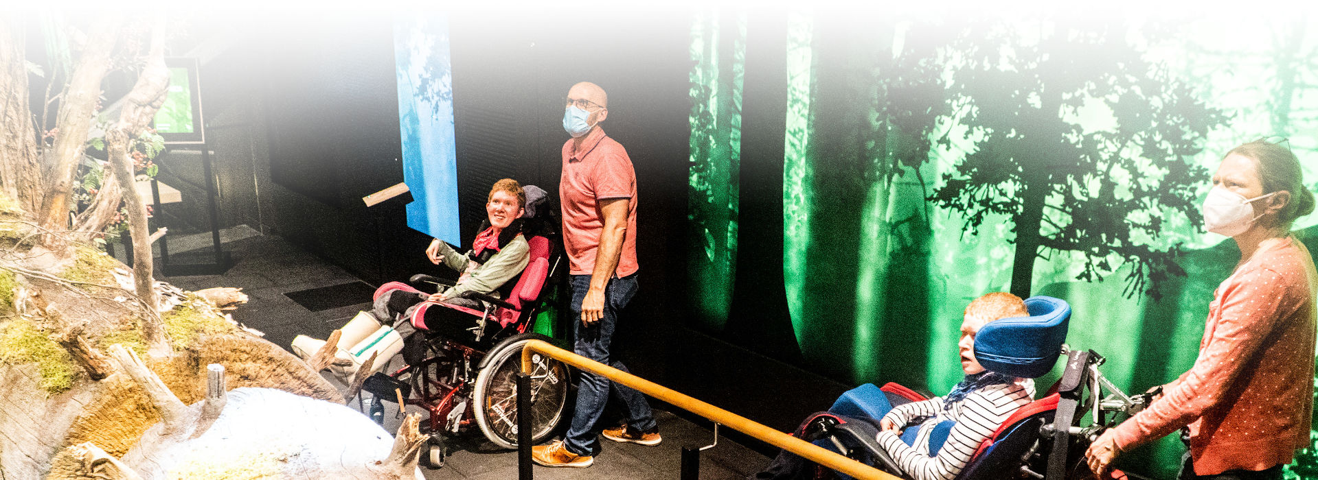 In einem abgedunkelten Raum sind vier Personen: Ein Mann und eine Frau begleiten jeweils einen Rollstuhlfahrer. Alle schauen auf einen links im Bild angeschnitten gezeigten liegenden Baumstamm. Hinter den Personen ist eine leuchtende Bildwand mit einem Foto eines nächtlichen, grün hinterleucheteten Waldes.