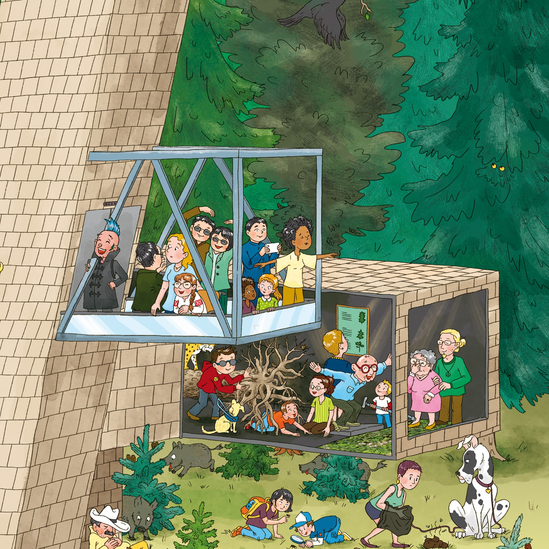 Ausschnitt aus der Wimmelbuch-Illustration des Nationalparkzentrums, zu sehen sind viele verschiedene, lustig gezeichnete Menschen und Tiere auf der Brücke der Wildnis