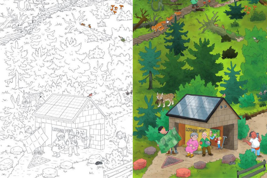 Wimmelbild-Ausschnitt: Skizze und fertige Illustration im Vergleich © Isabelle Göntgen Auf der linken Seite des Bildes sieht man eine schwarz-weiß Skizze eines Ausschnitts aus dem Wimmelbild zum Lotharpfad. Rechts daneben den gleichen Ausschnitt, aber fertig farbig illustriert.