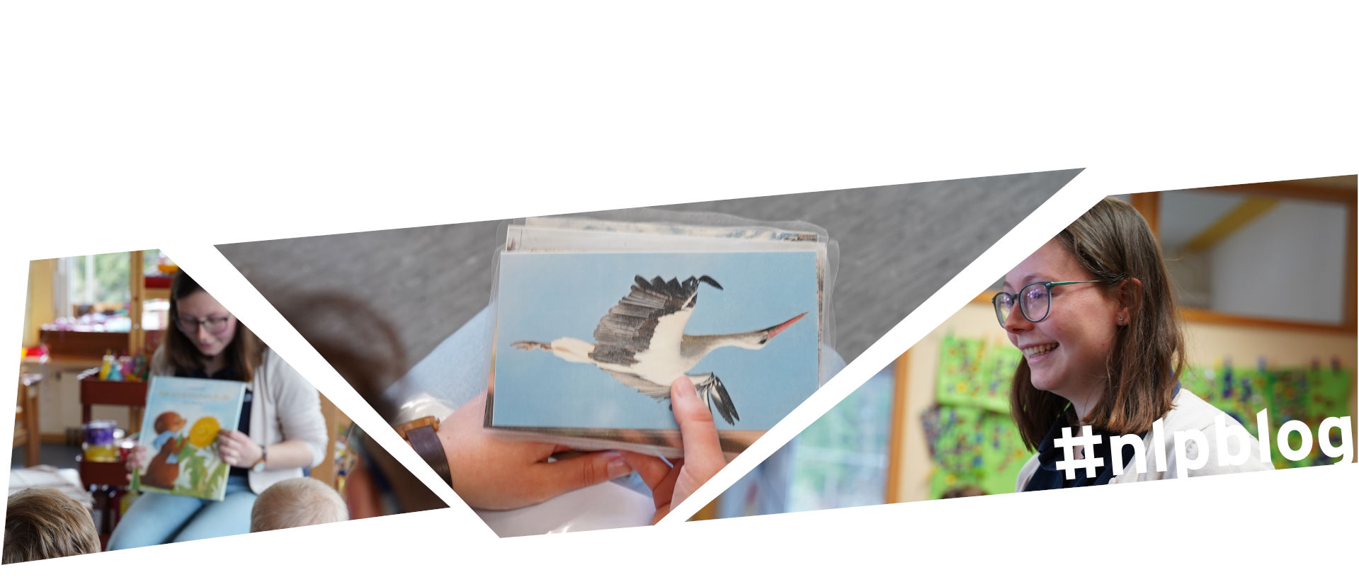 Collage aus drei Bildern. Das linke Bild zeigt unscharf im Hintergrund eine junge Frau, die ein Bilderbuch in Richtung einer Gruppe Kinder hält. Das Bild in der Mitte zeigt eine Seite in einem aufgeschlagenen Buch, auf der ein fliegender Storch abgebildet ist. Das Bild rechts zeigt wieder die junge Frau, angeschnitten im seitlichen Profil. Sie lacht.