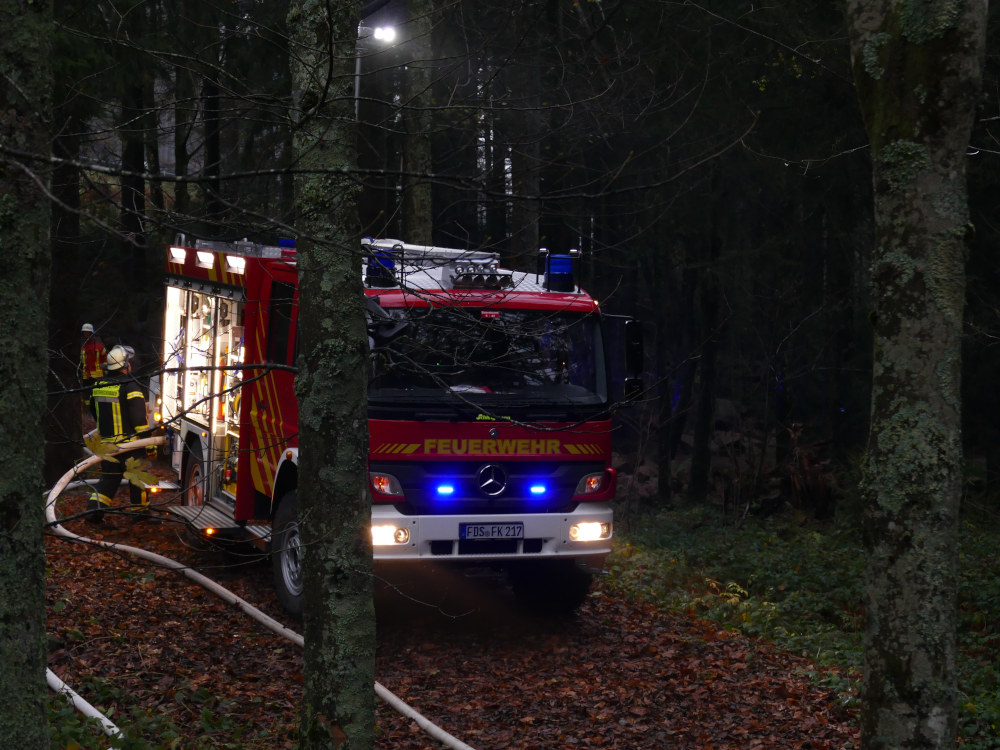 Ein Feuerwehrfahrzeug mit eingeschaltetem Blaulicht steht mitten im Wald.