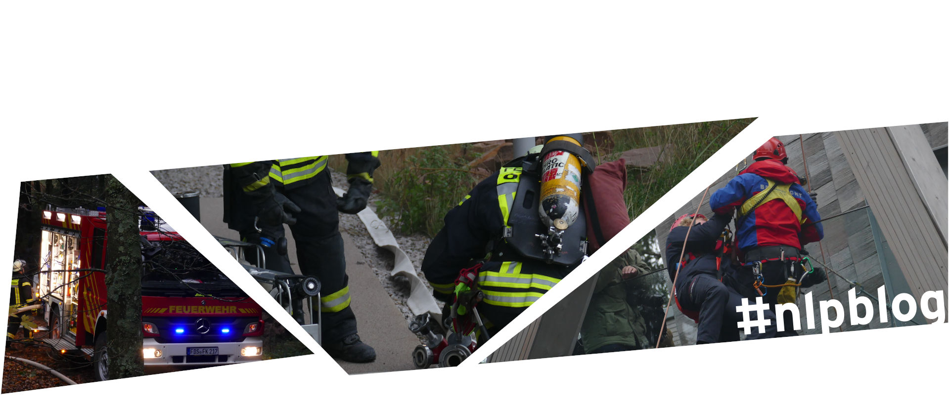 Mosaik aus drei Bildausschnitten. Links ein Feuerwehrauto mit angeschaltetem Blaulicht, das im Wald steht. In der Mitte zwei Feuerwehrleute beim Entrollen eines Schlauchs. Rechts ein Vertreter oder eine Vertreterin der Bergwacht, der oder die eine Person abseilt. Die Personen der Rettungskräfte sind an den jeweils typischen Uniformen zu erkennen.