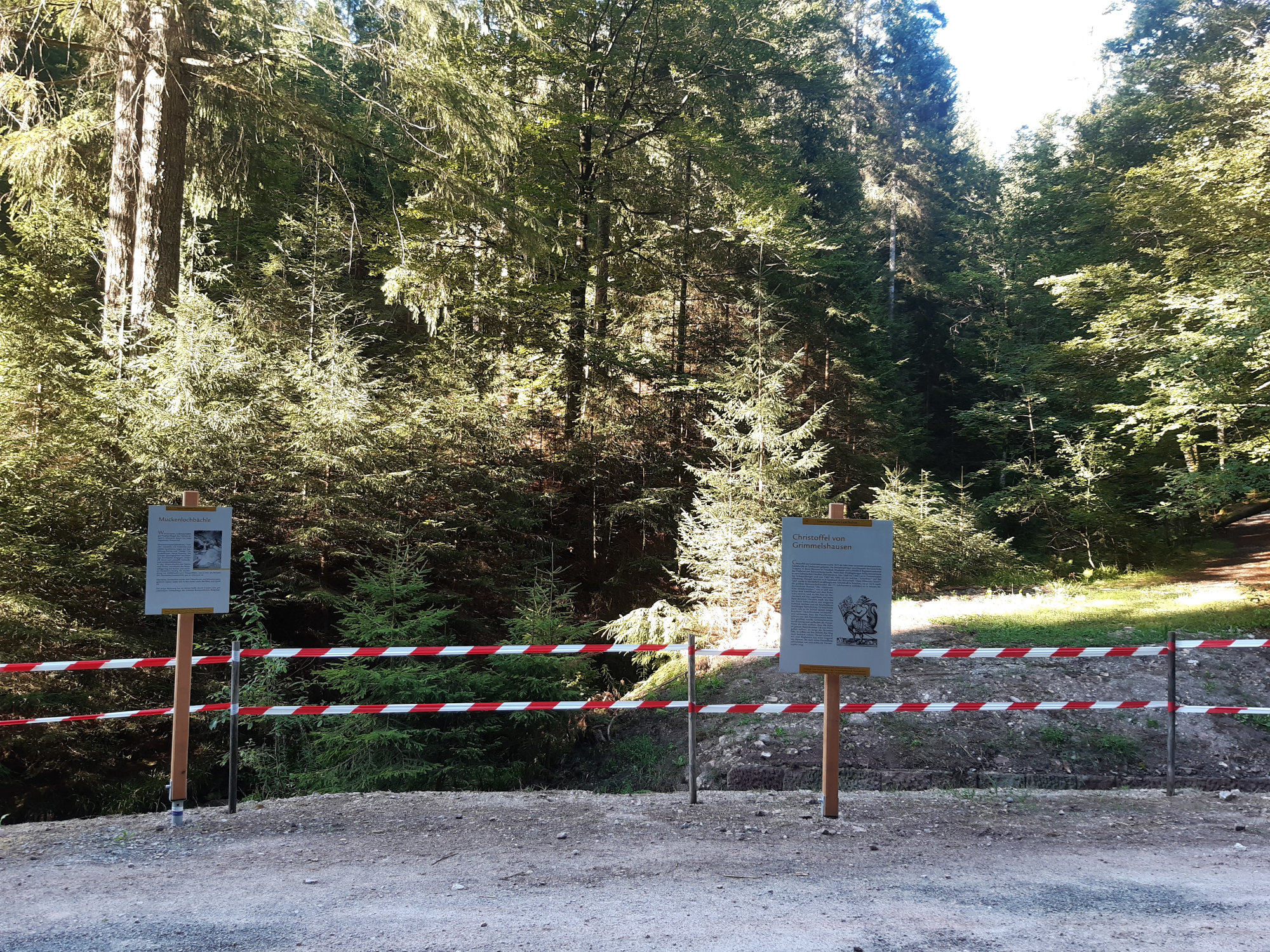 Das Bild zeigt einen geschotterten Weg im Wald, der zu einem abfallenden Ufer hin mit Flatterband abgesperrt ist. Vor dem Flatterband stehen auf zwei Holzpfählen zei weiße Infotafeln mit Bild und Text, der aber aus der Entfernung zur Kamera nicht lesbar ist.