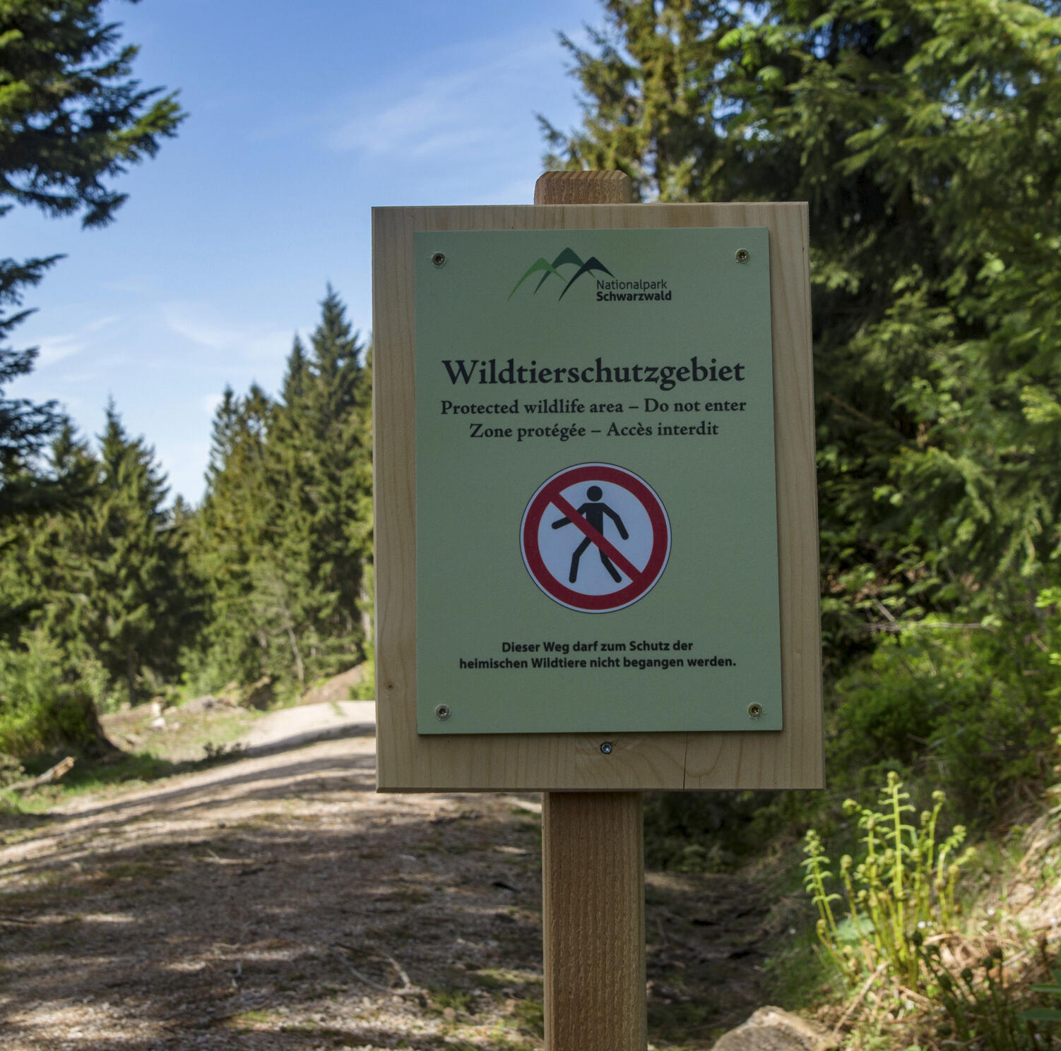 Schild mit der Aufschrift "Wildtierschutzgebiet", das eine Wegsperrung anzeigt.