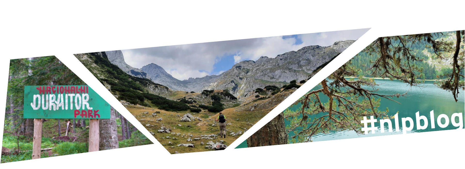Kollage aus drei Bilder: Eingangsschild Durmitor Nationalpark, Bergpanorma, türkis-blauer See im Wald