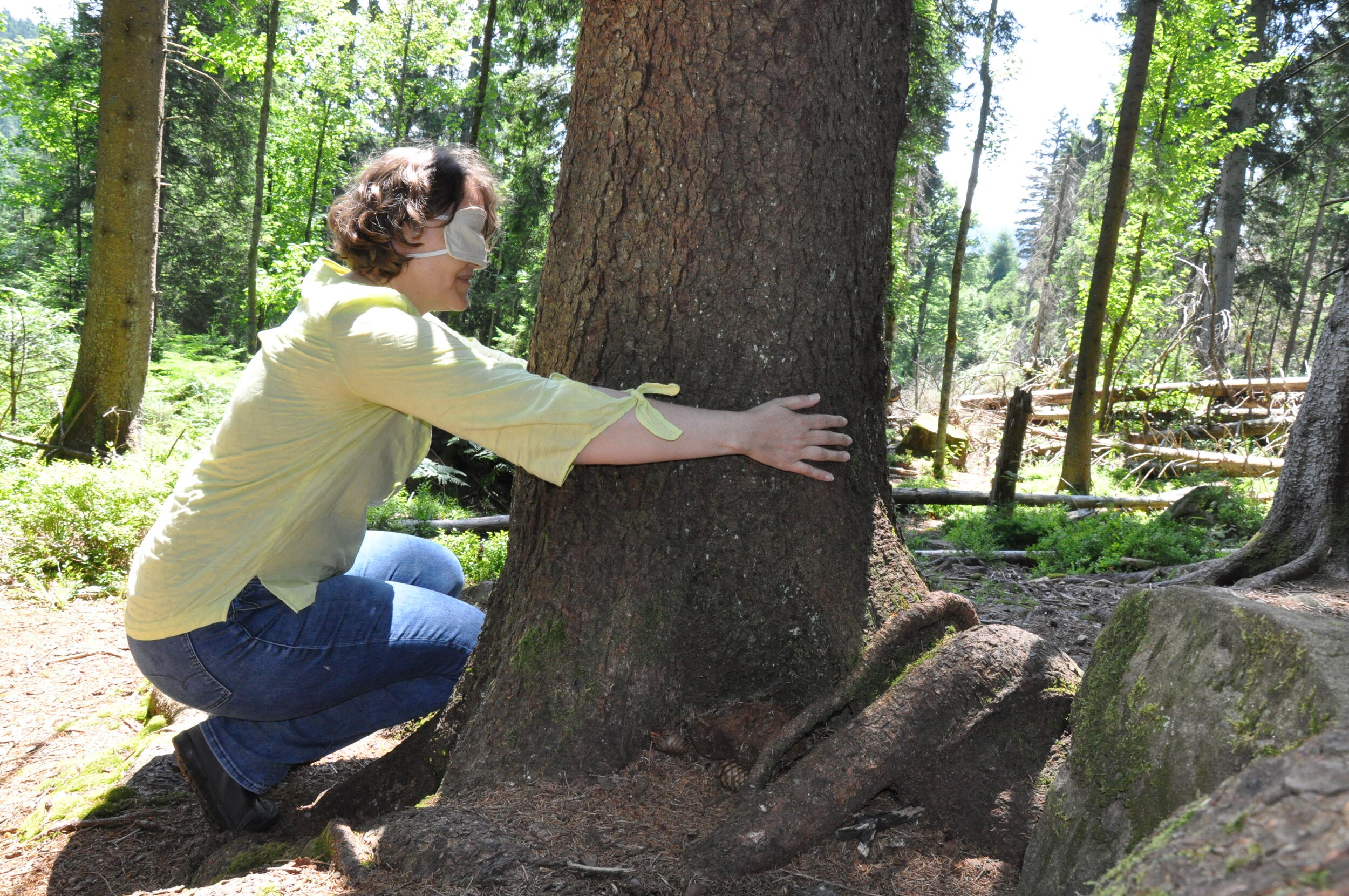 Welche Merkmale hat „mein“ Baum? © Nina Blazon Eine Frau in gelbem Hemd umarm einen Baum. Sie trägt eine Augenmaske. Foto: Nina Blazon