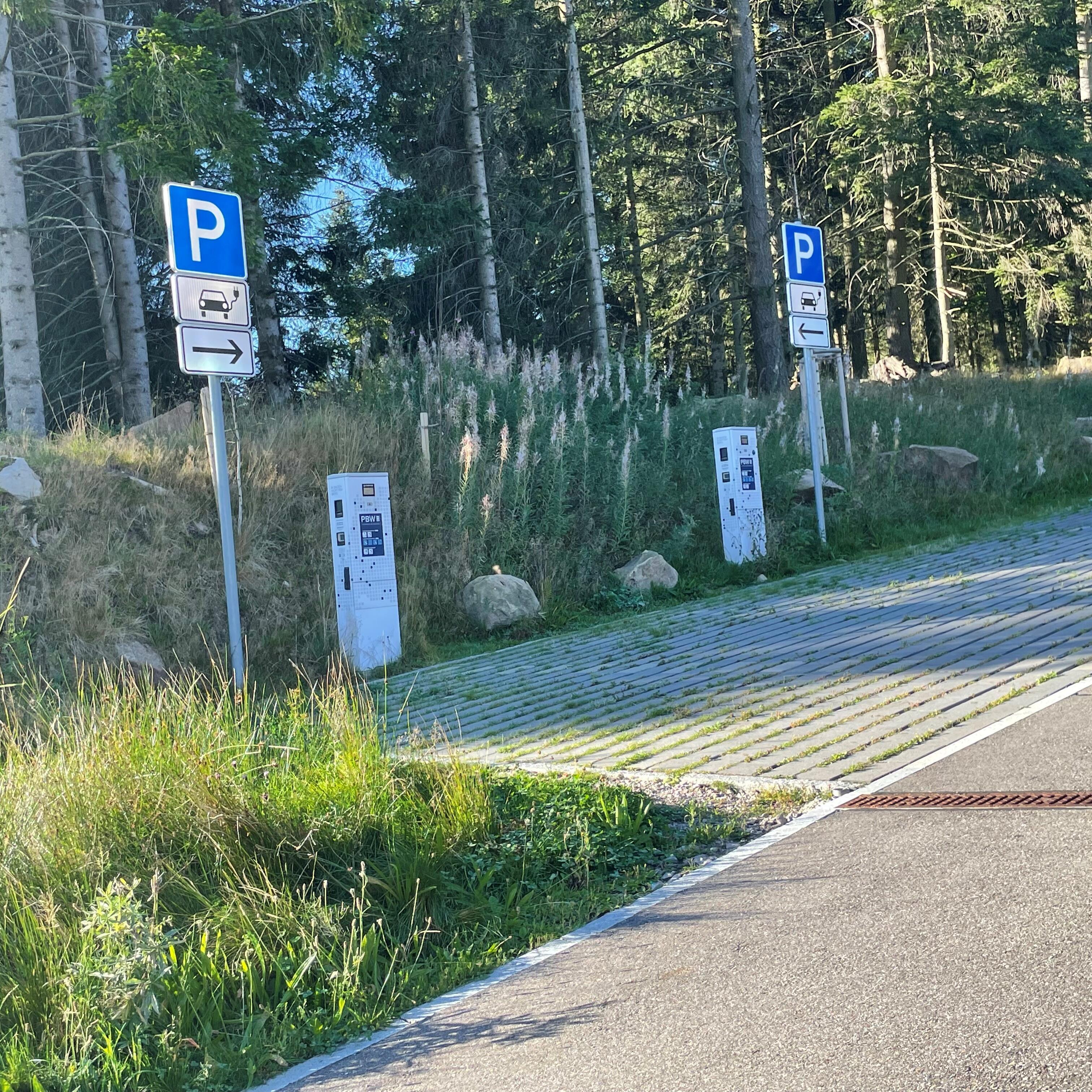 Zwei Parkplätze mit E-Ladesäule in Hanglage. Bodenbelag: Locker gesetzte Pflastersteine (Beton) mit Grasbewuchs in Fugen.