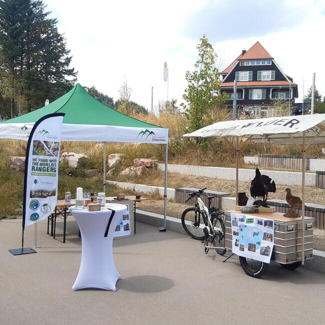 Infostand der Ranger vor dem Nationalparkzentrum Ruhestein