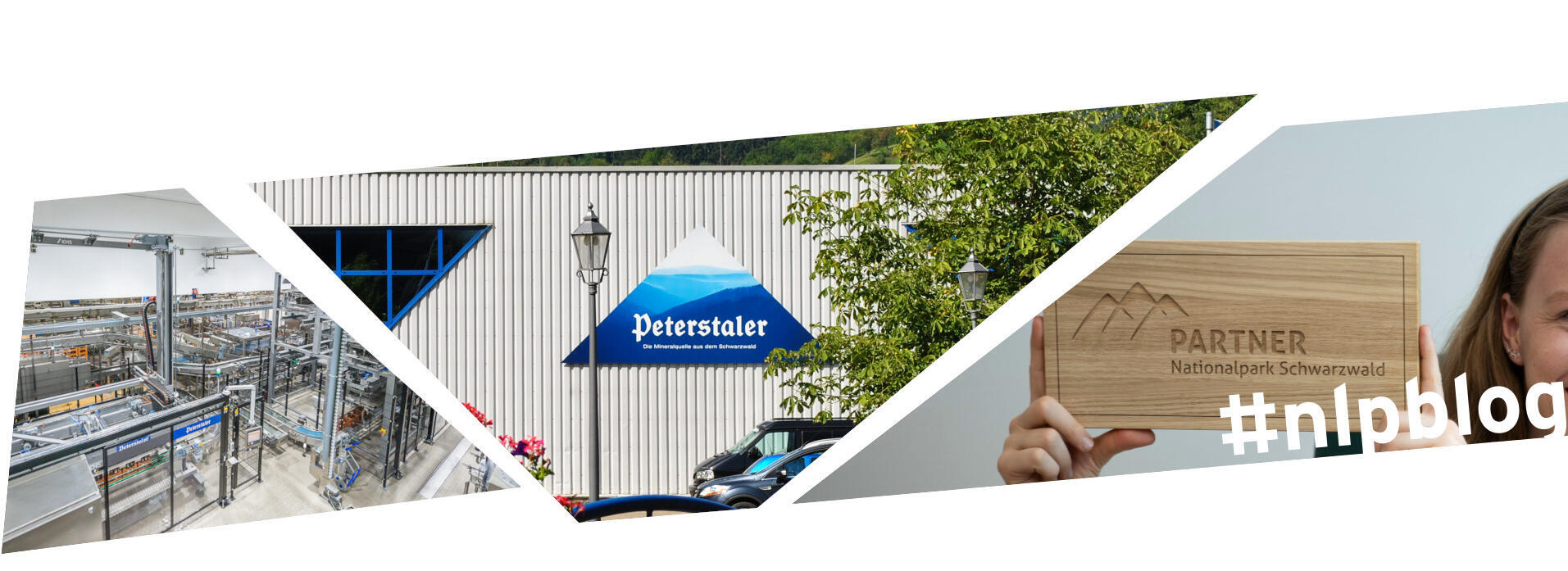 Kollage aus drei Bildern: Industrieanalge, Logo Peterstaler auf Firmengebäude, Partnerschild des Nationalparks