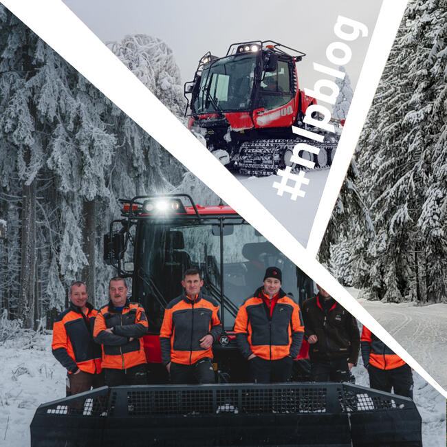 Collage aus drei Bildern: Sechs Männer in orangen Jacken vor einem Schneefahrzeug, ein rotes Schneefahrzeug, ein verschneiter Weg. Foto: Tim Schöpe