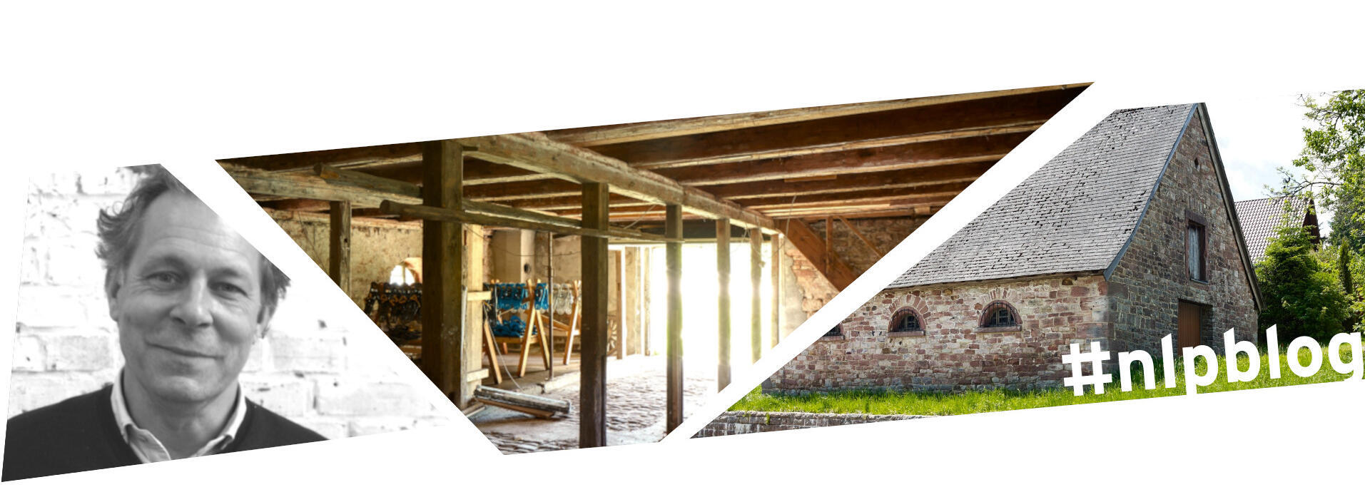 Kollage aus drei Bildern: Architekt Henning Baurmann, unausgebauter Rossstall von innen, Rossstall Herrenwies von außen 