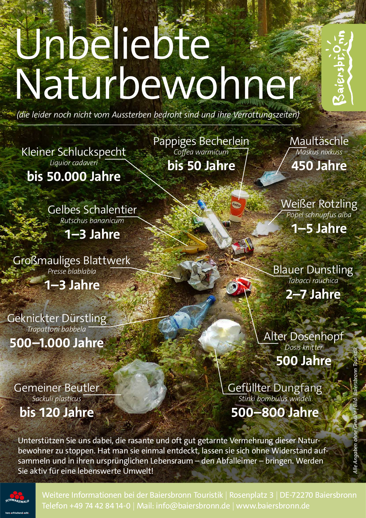 Das PDF zeigt ein Plakat, das an vielen Stellen im Schwarzwald an Aussichts- und Rastplätzen zu finden ist. Auf dem Plakat sieht man verschiedenen Müll, der ironisch wie Tierarten benannt wurde, beispielsweise der weiße Rotzling, wie ein Papiertaschentuch benannt wurde. Außerdem sieht man zu jedem Gegenstand die Zeit, die er bis zur Zersetzung braucht. 