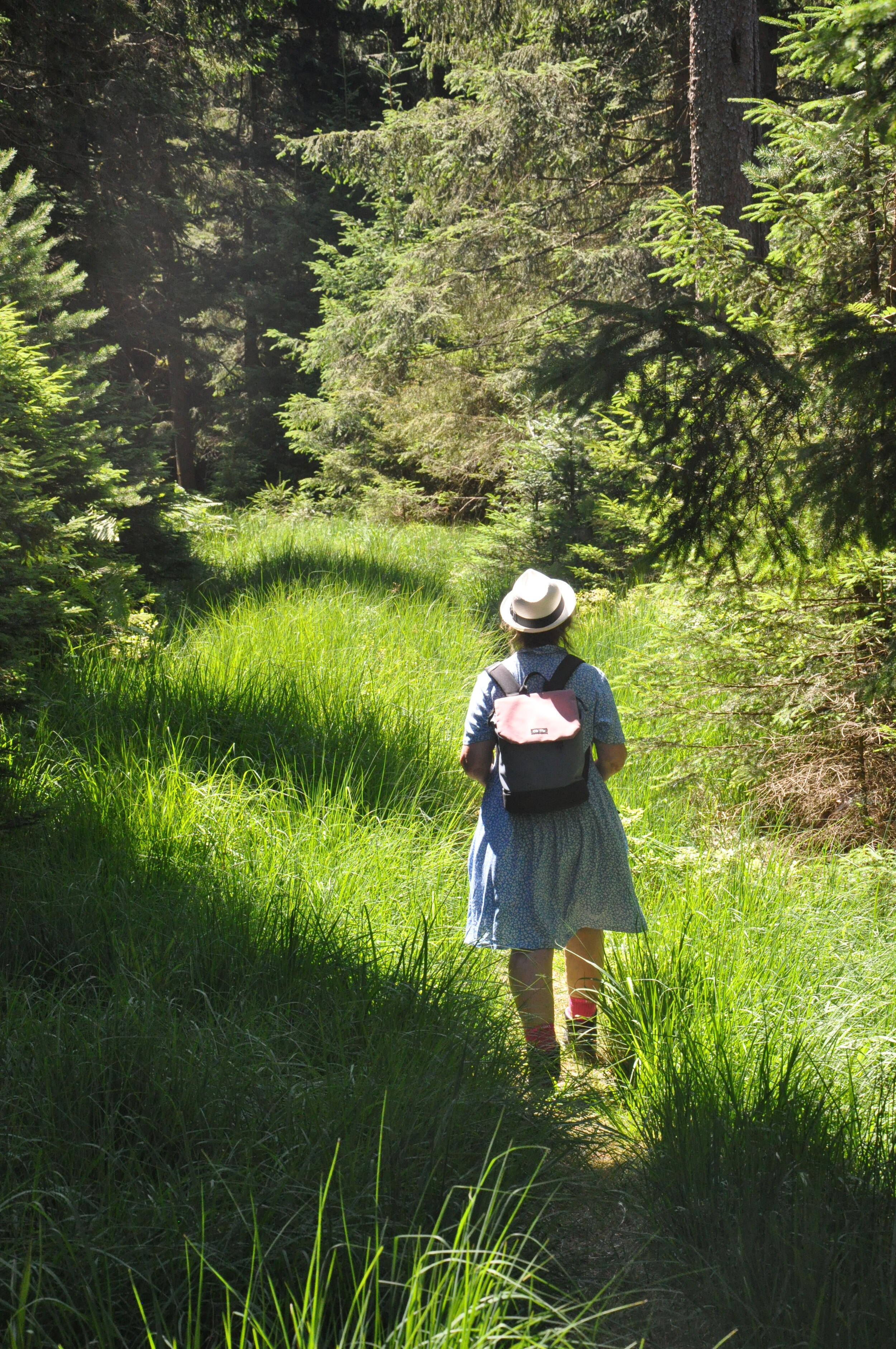 Eine Frau in einem blauen Kleid läuft auf einem schmalen Pfad. Foto: Iris Lemanczyk