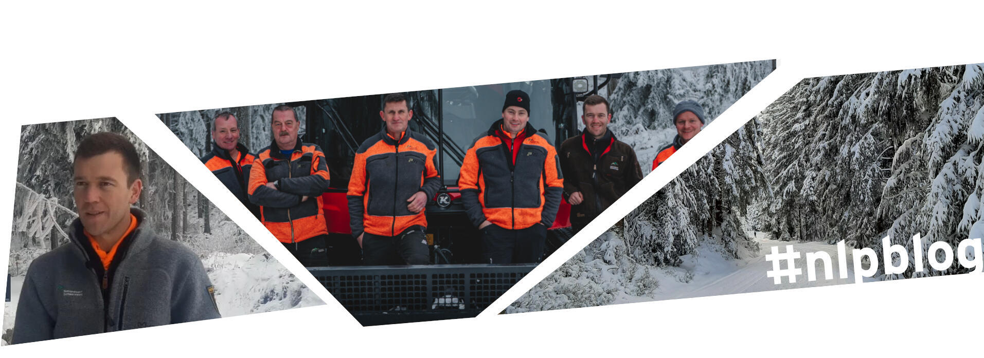 Collage aus drei Bildern: Ein Mann in grauer Jacke, sechs Männer in orangen Jacken vor einem Schneefahrzeug, ein verschneiter Weg. Foto: Tim Tschöpe & Paul Fischer