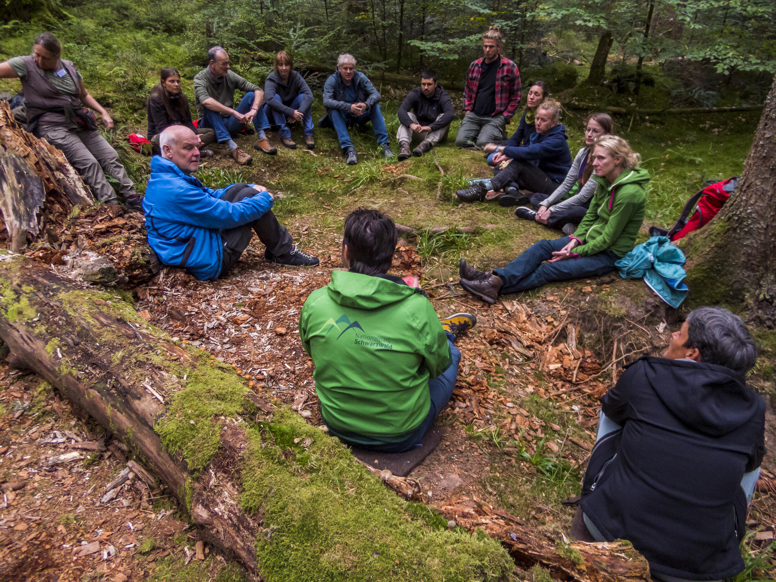 Bildungsakteure tagen sitzend auf Waldboden © Luis Scheuermann (Nationalpark Schwarzwald) 