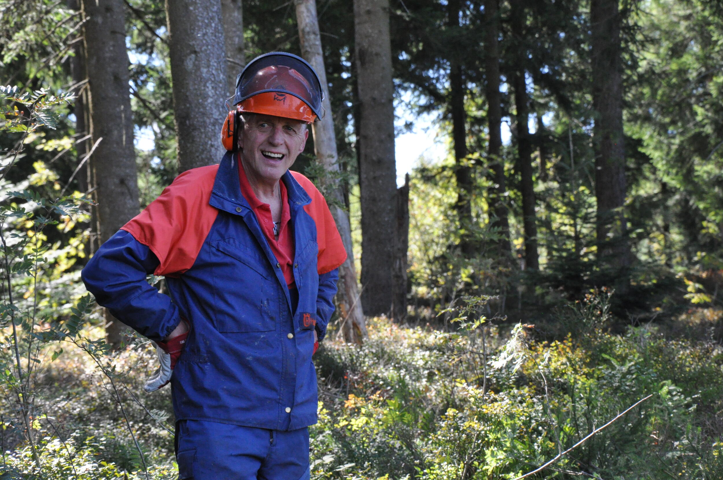 Mann, etwas erschöpft wirkend, mit blau-roter Arbeitsjacke und orangefarbenem Schutzhelm sowie Gehörschutz steht im Nadelwald.