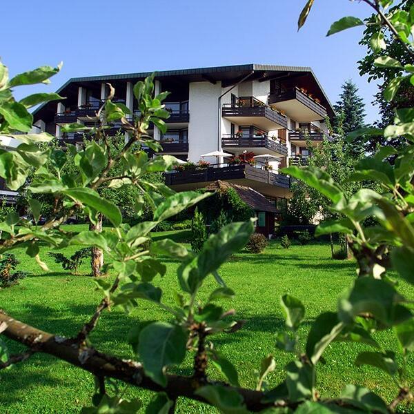 Ein großes mehrstöckiges Haus mit Balkonen aus Holz. Im Vordergrund ist ein Apfelbaum zu sehen