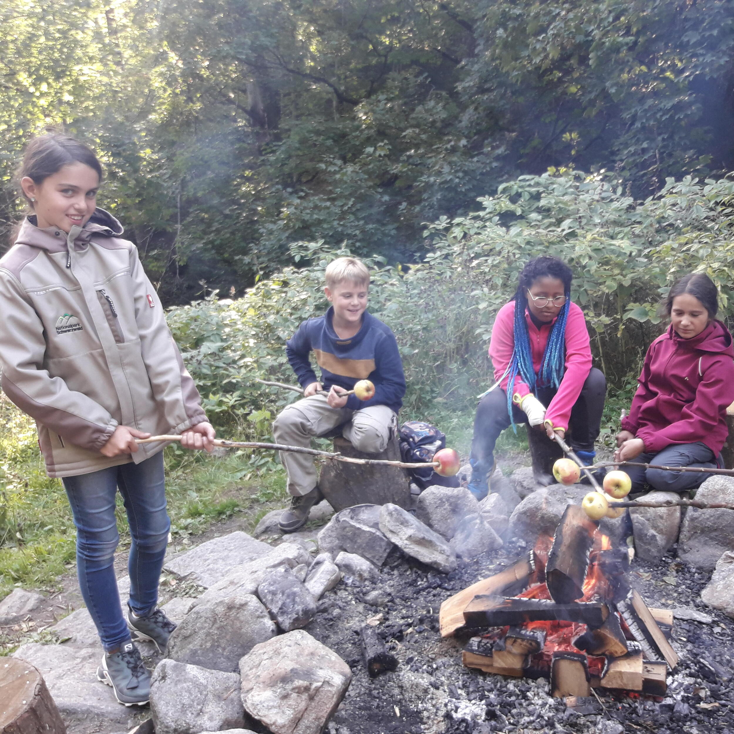 Juniorranger braten Äpfel über dem Feuer © Svenja Fox (Nationalpark Schwarzwald)