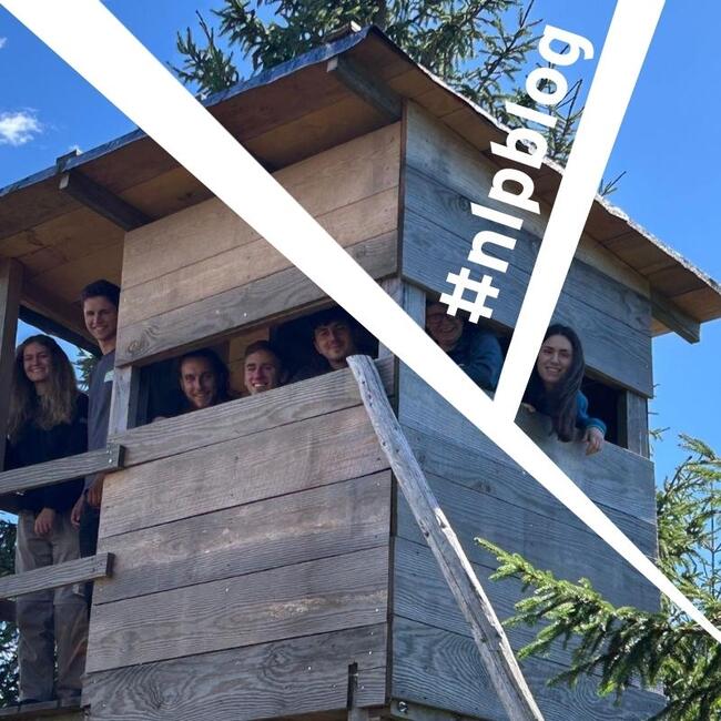 Eine Gruppe junger Menschen sind in einem Hochsitz aus Holz im Wald. Sie lächeln. Foto: privat 