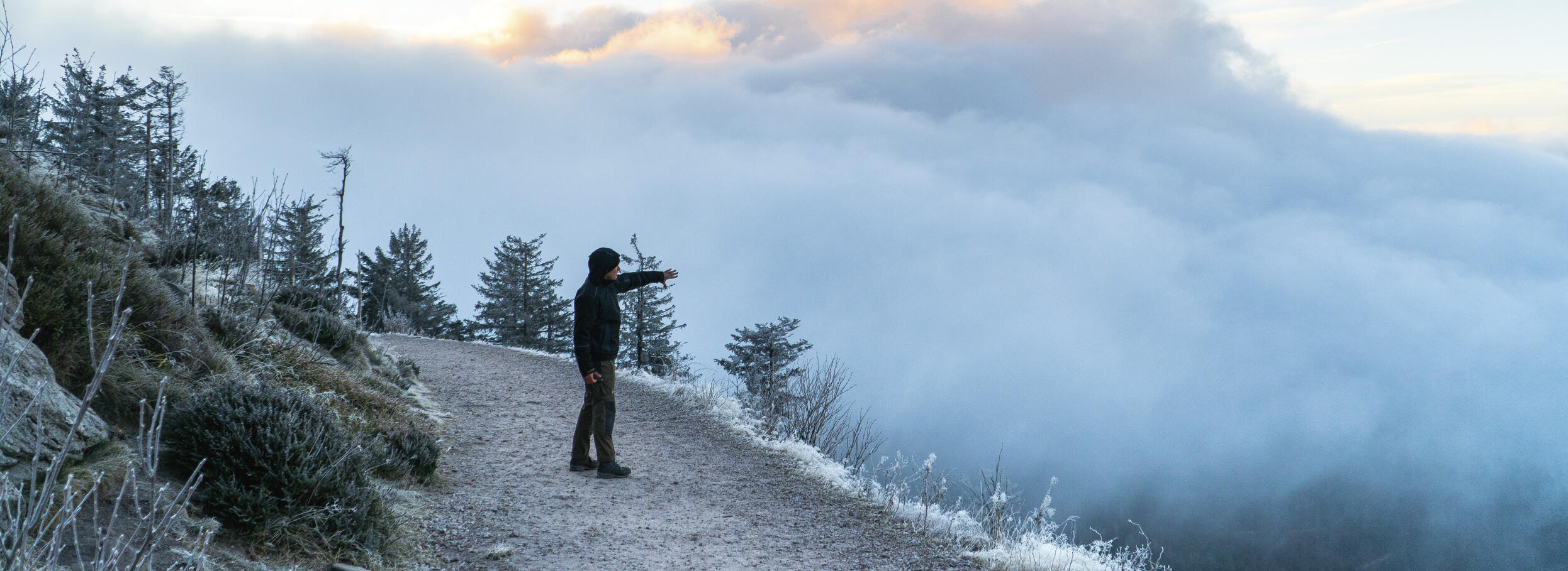 Ein Mensch steht auf einem Weg, an den Rändern ist es weiß, er blickt in ein bewaldetes Tal, von Nebel überzogen. Foto: Nicolas Ebert