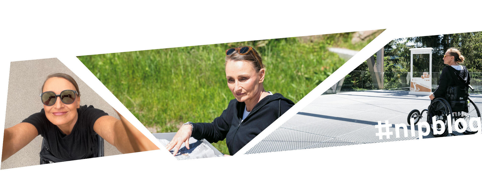 Kollage aus drei Bildern: Selfie von Sandra, Sandra an Infotafel, Sandra auf der Brücke der Wildnis im Nationalparkzentrum