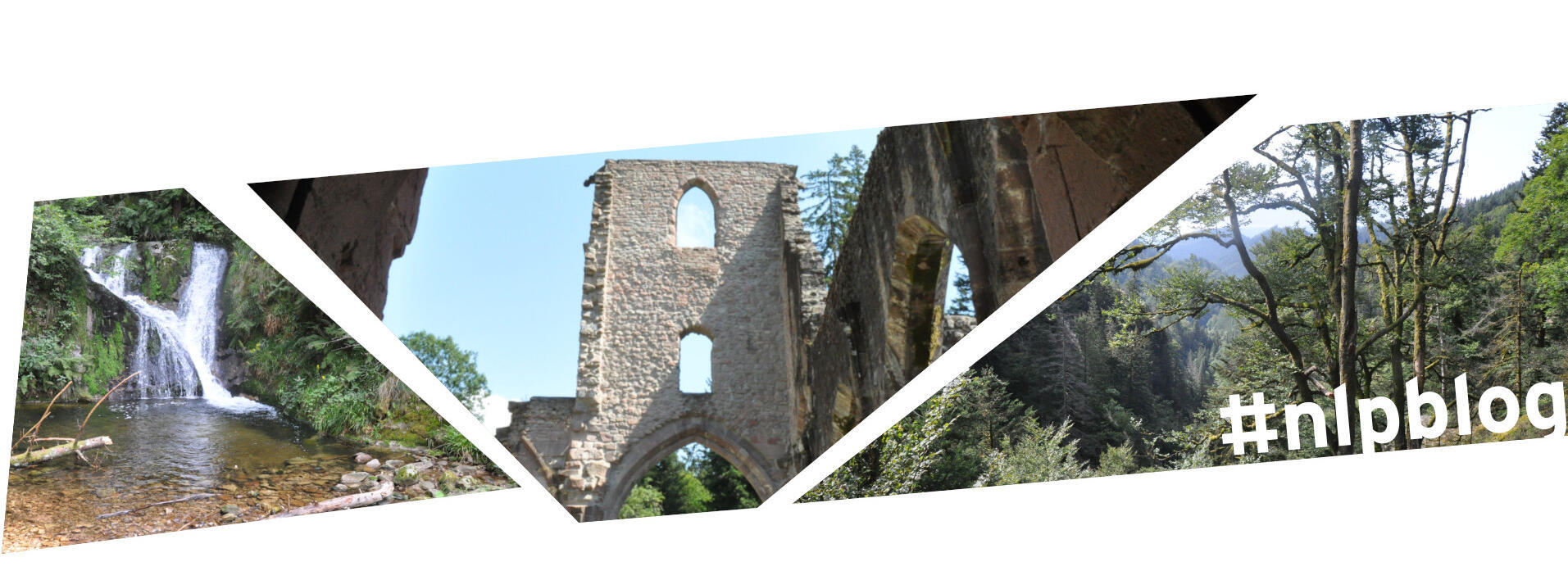 Kleiner Wasserfall, Ruine, Blick in Wald