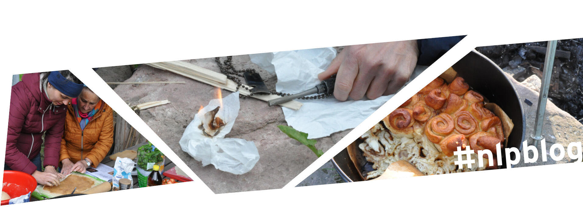 Zwei Frauen backen in Outdoor-Kleidung, ein kleines Feuer brennt auf einem Taschentuch, Zimtschnecken in einem Topf