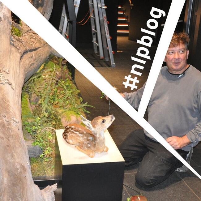 Ein Mann sitzt auf dem Boden neben einem künstlichen Rehkitz auf einem Podest. Er hält ein Instrument mit Farbe in der Hand. Foto: Iris Lemanczyk