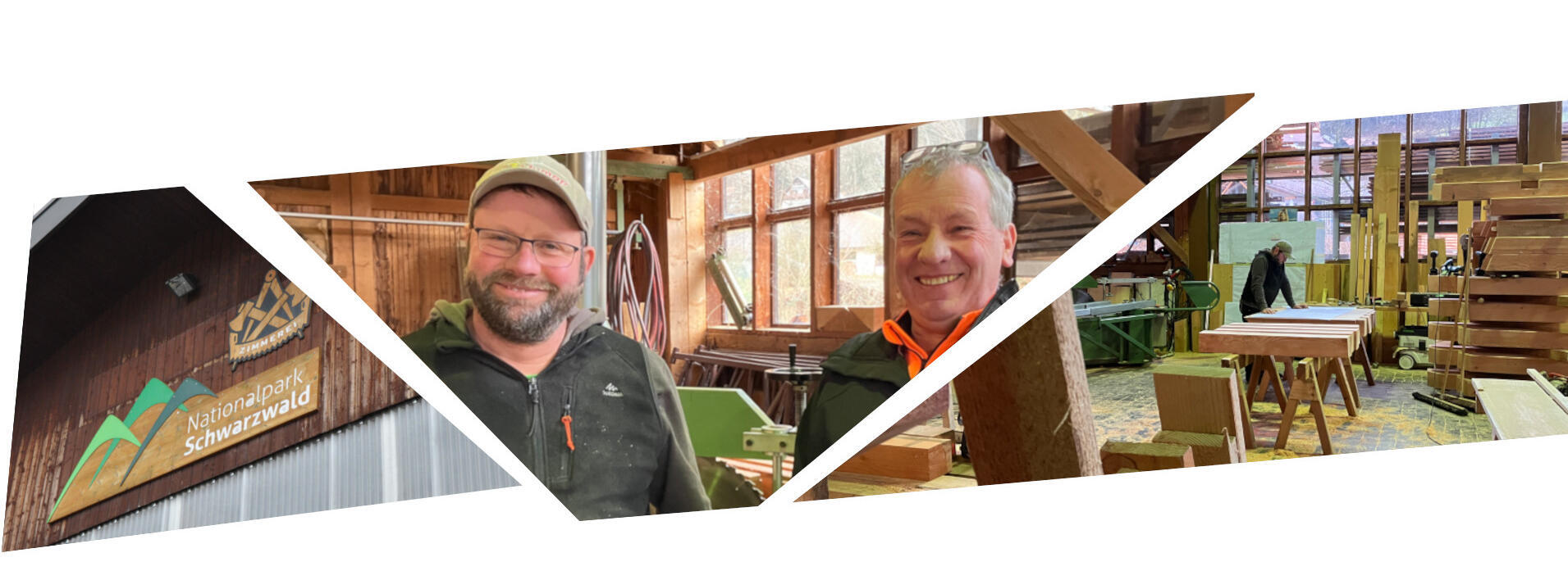 Collage aus drei Bildern, links zwei Schilder unter einem Dachgiebel, in der Mitte zwei in die Kamera lächelnde Männer, rechts Blick in eine Holzwerkstatt. Fotos: Nina Blazon