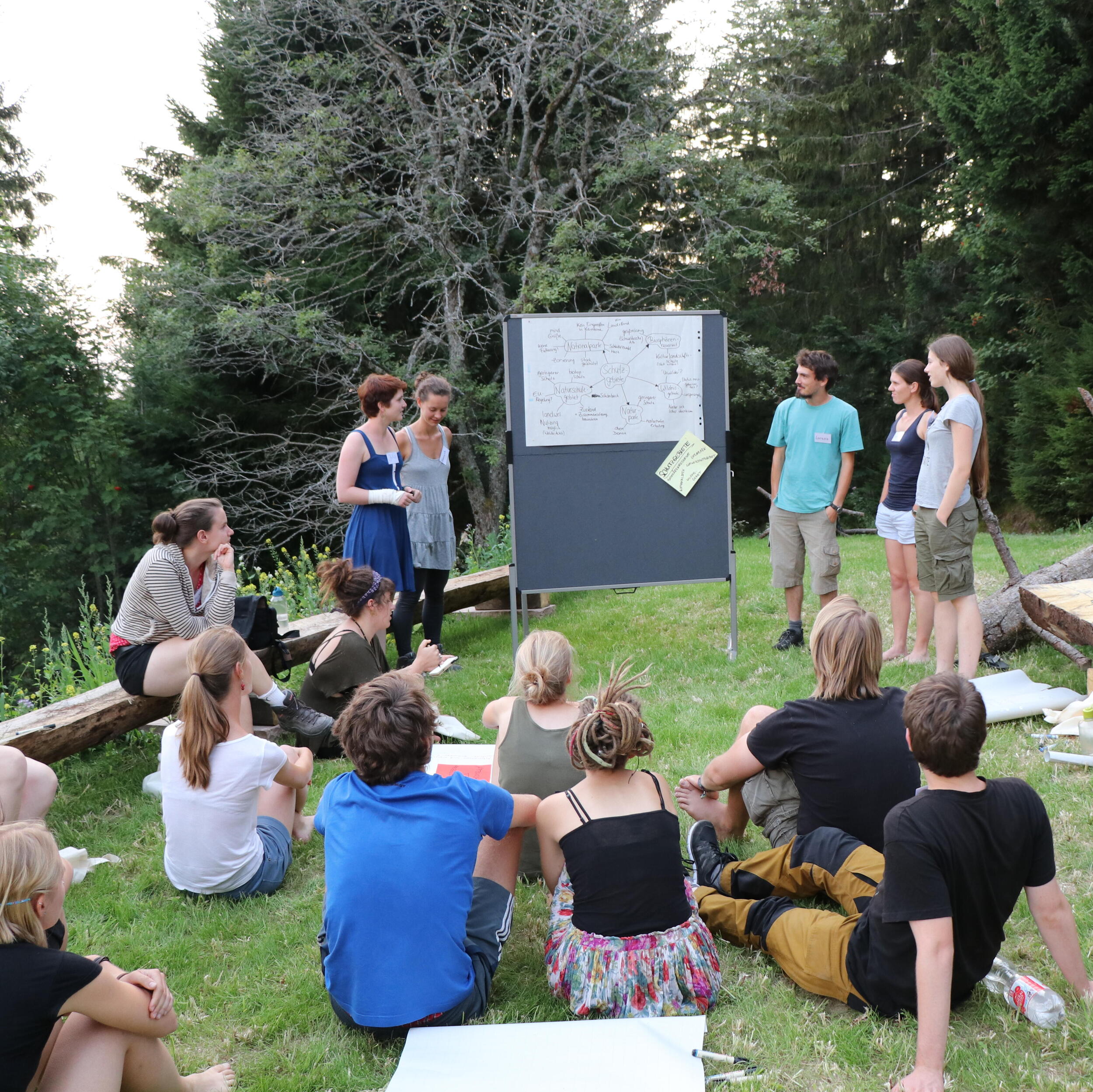 Menschen sitzen und stehen in der Natur vor einem Plakat © Nationalpark Schwarzwald