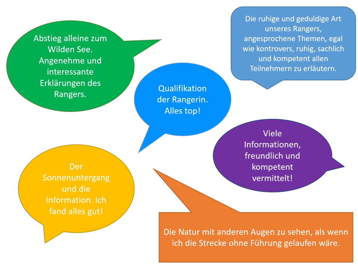 Zitate in bunten Sprechblasen, mit Antworten der Befragten auf die Frage "Was hat Ihnen am besten gefallen?" Es geht um gute Qualifkationen der Ranger, Informationen, schöne Natur.