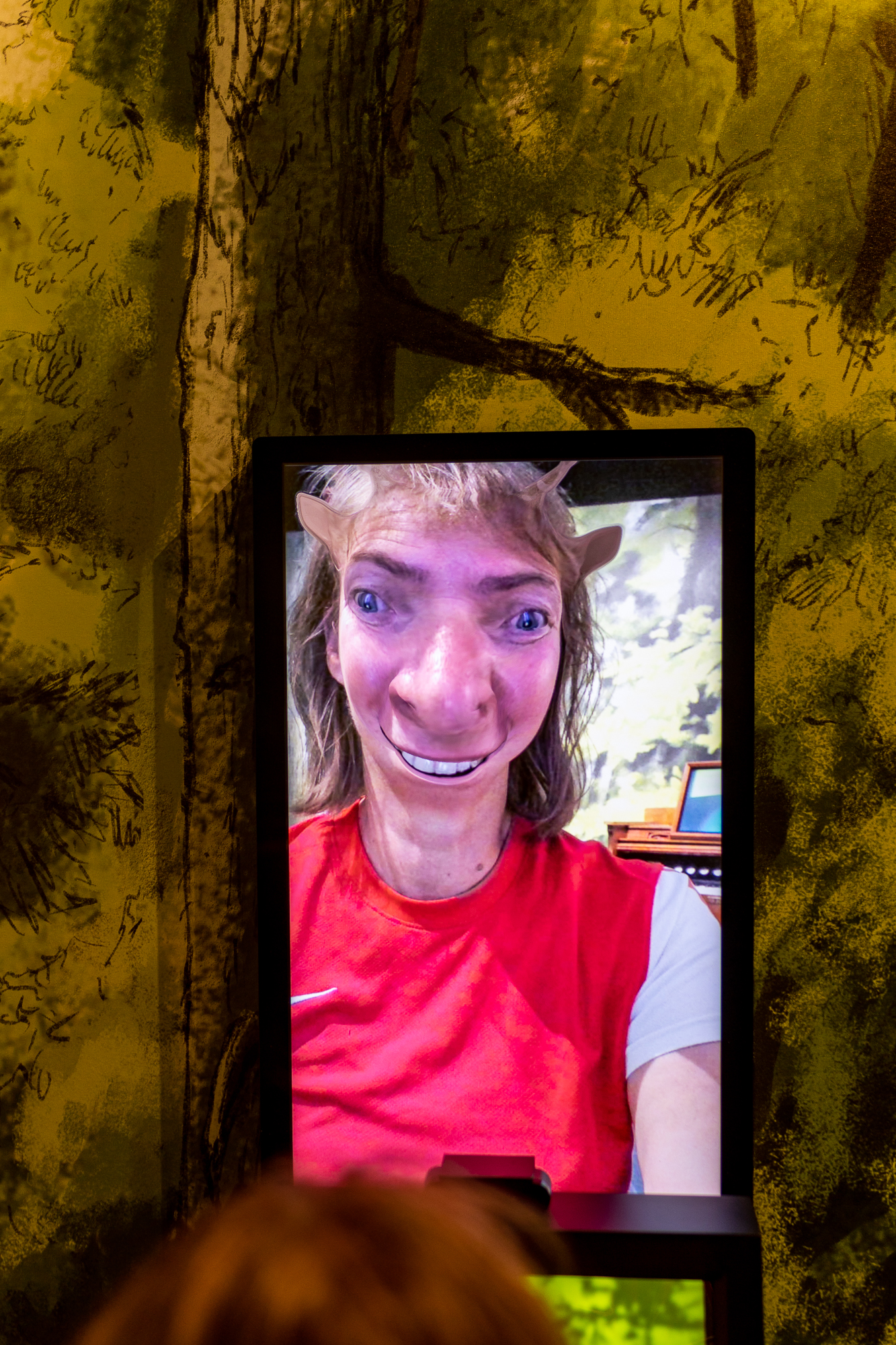 Die ganze Technik muss generalüberholt werden. © Andreas Forch Frau schaut sich selbst auf einem elektronischen Bildschirm an, ihre Gesichtszüge sind verändert durch ein spezielles Programm und sie sieht auch wie ein Hirsch. Foto: Andreas Forch